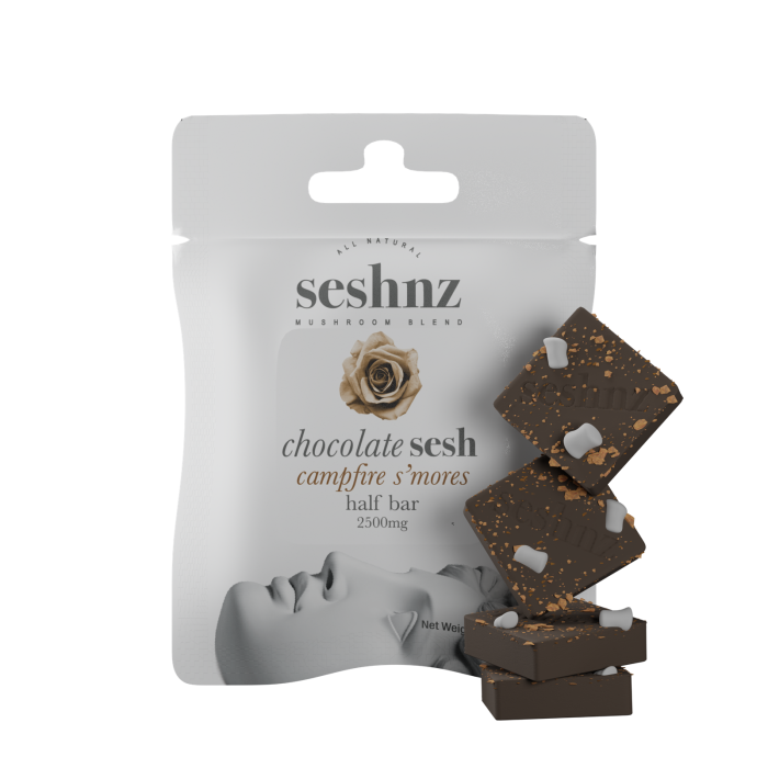 seshnz chocolate half bar | 2500 mg | campfire s'mores | pk 15 | $10 ea.